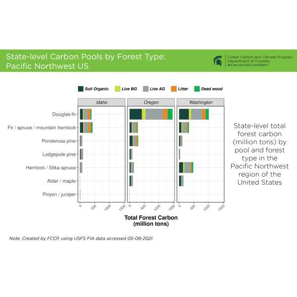 State-level Carbon Pools by Forest Type: Pacific Northwest US:
State-level total forest carbon (million tons) by pool and forest type in the Pacific Northwest region of the United States.