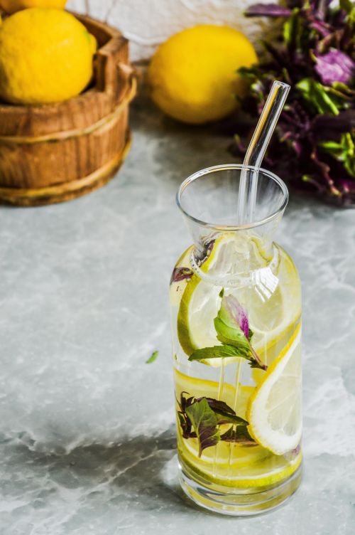 A glass of water with lemon slices.