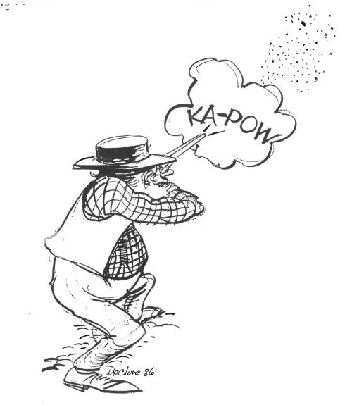 black and white sketch of a person shooting buckshot with a bubble that reads kapow