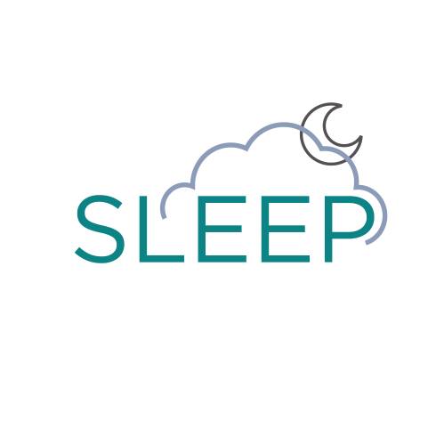 The word SLEEP with cloud outline and crescent moon.