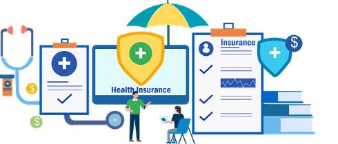 Piicture has a variety of medical images including a stethoscope, medical form, shield with a cross, stack of books.