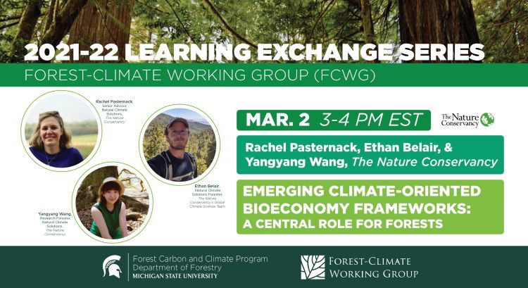 Flyer for the 2021-22 FCWG Learning Exchange Series March webinar. In this webinar, speakers Rachel Pasternack, Ethan Belair, and Yangyang Wang present, 