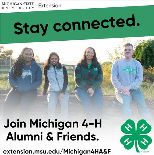 A group of youth in 4-H gear sitting on a tree. A green banner across the top that says 
