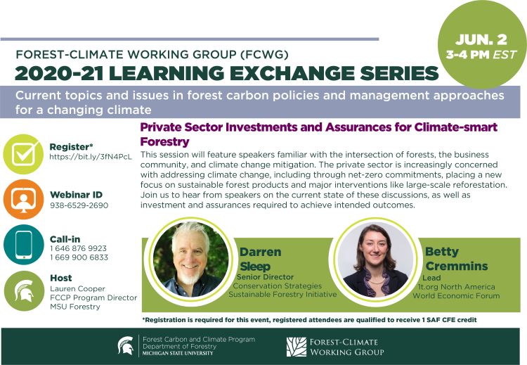Flyer for the 2020-21 FCWG Learning Exchange Series June webinar. In this webinar, speakers Darren Sleep and Betty Cremmins will present 