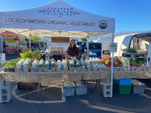 Sarah Longstreth at her farmers' market stall for Good Stead Farm.