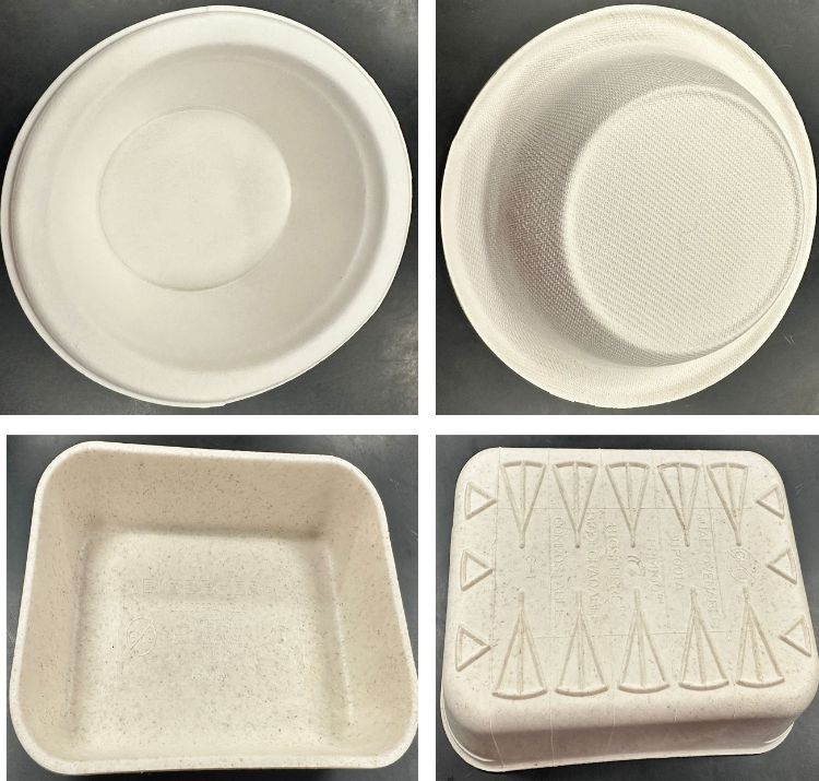 Four distinct images of a white plastic bowl and white square container, illustrating its design as an eco-friendly alternative to disposable packaging.