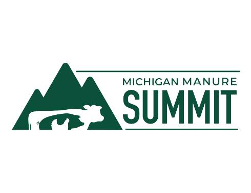 Mountains in the background with a chicken, a hog, and a cow superimposed on the mountains. The words Michigan Manure Summit are to the right of the image.