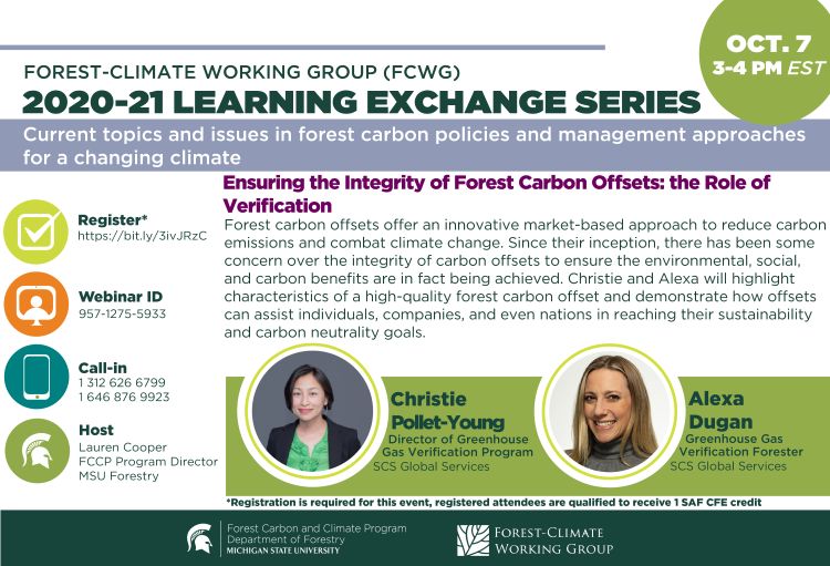 Flyer for the October FCWG 2020-21 Learning Exchange Series Session. In this webinar, speaker Alexa Dugan and Christie Pollet-Young of SCS Global Services present 