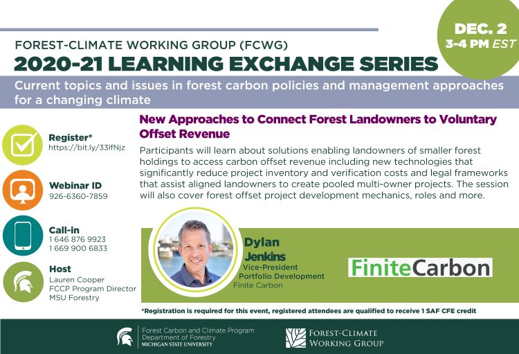 Flyer for the FCWG 2020-21 Learning Exchange Series Session December webinar. In this webinar, Dylan Jenkins of Finite Carbon presents 