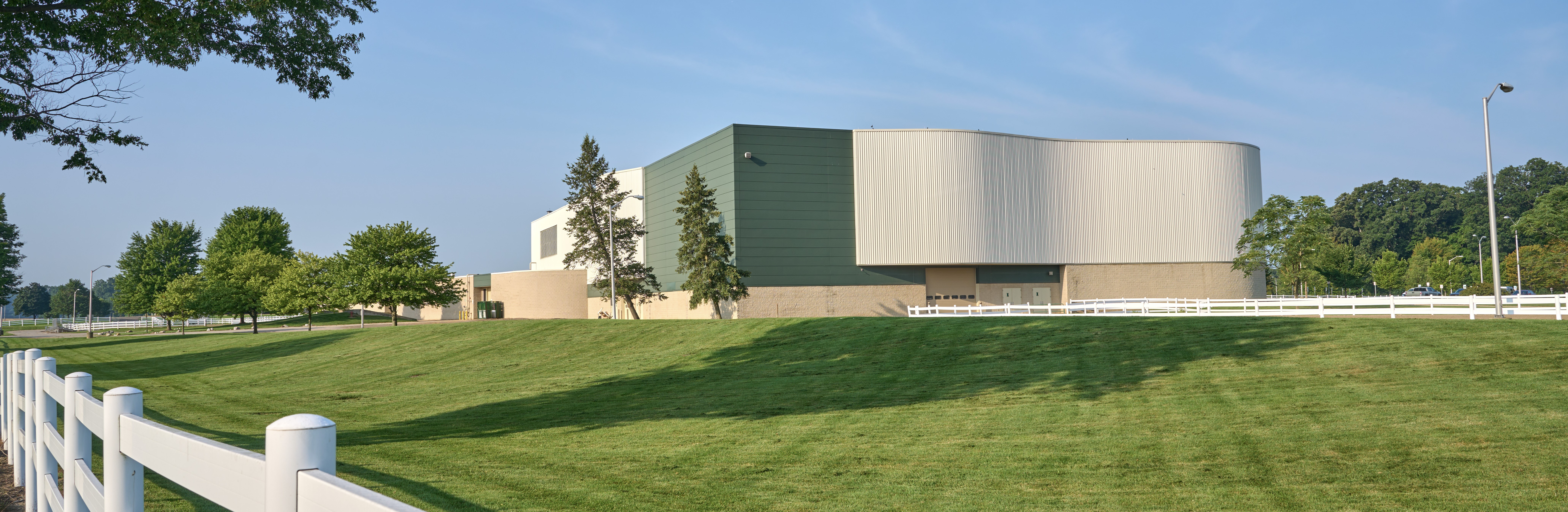 A photo of the exterior of the Farm Bureau Pavilion looking southwest. 