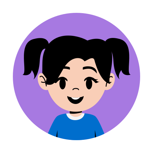 Cartoon image of smiling young girl with two pigtails in blue shirt.