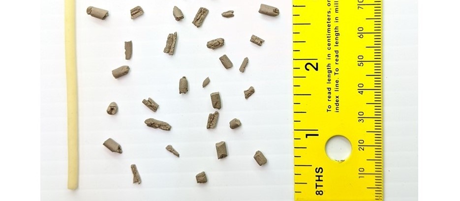 Barrel-shape soil crumbles made during the rolling process. During the rolling process, if the thread crumbles into barrel-shape pieces before reaching the 1/8&rdquo; diameter, the soil is dry enough for moling. The item on the left is a bucatini pasta with a 1/8&rdquo; diameter after soaking in water, which can be used as a reference for the desired 1/8&rdquo; diameter (photo credit: Zouheir Massri).