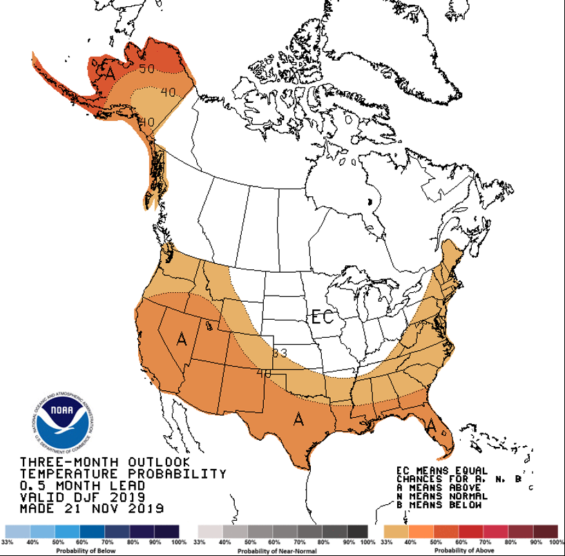 Three-month (December 2019 &ndash; February 2020) temperature outlook from the National Weather Service Climate Prediction Center